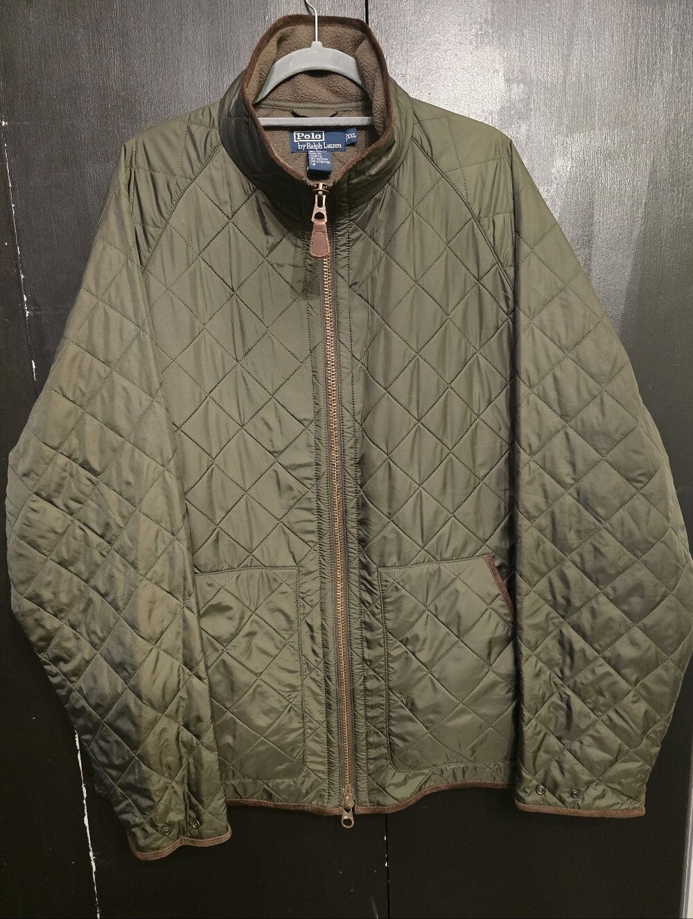 Ralph Lauren Olive Green Quilted Zip-Front Puffer Jacket with Brown Trim